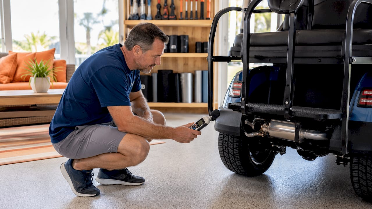 Man measuring golf cart noise in garage