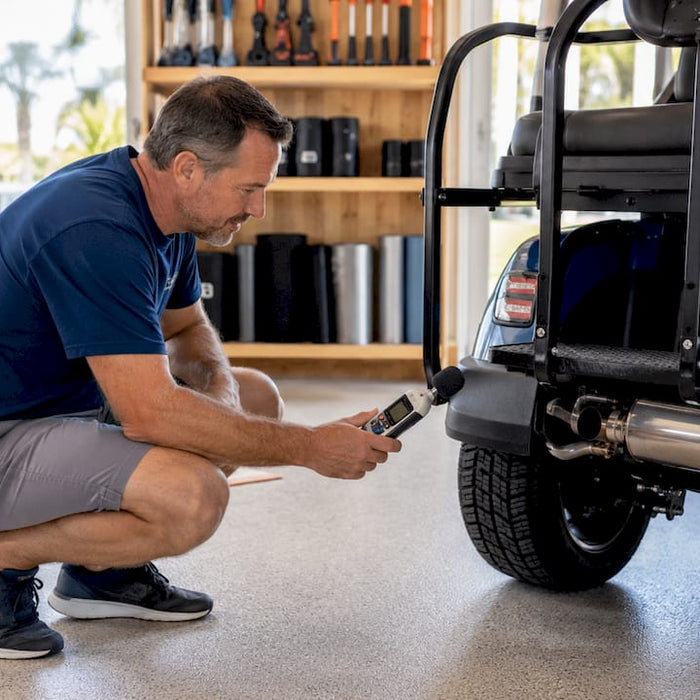 Man measuring golf cart noise in garage