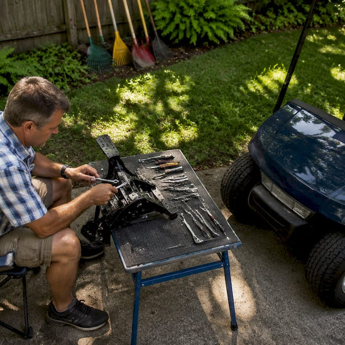 Man adjusting golf cart pedal assembly in workshop