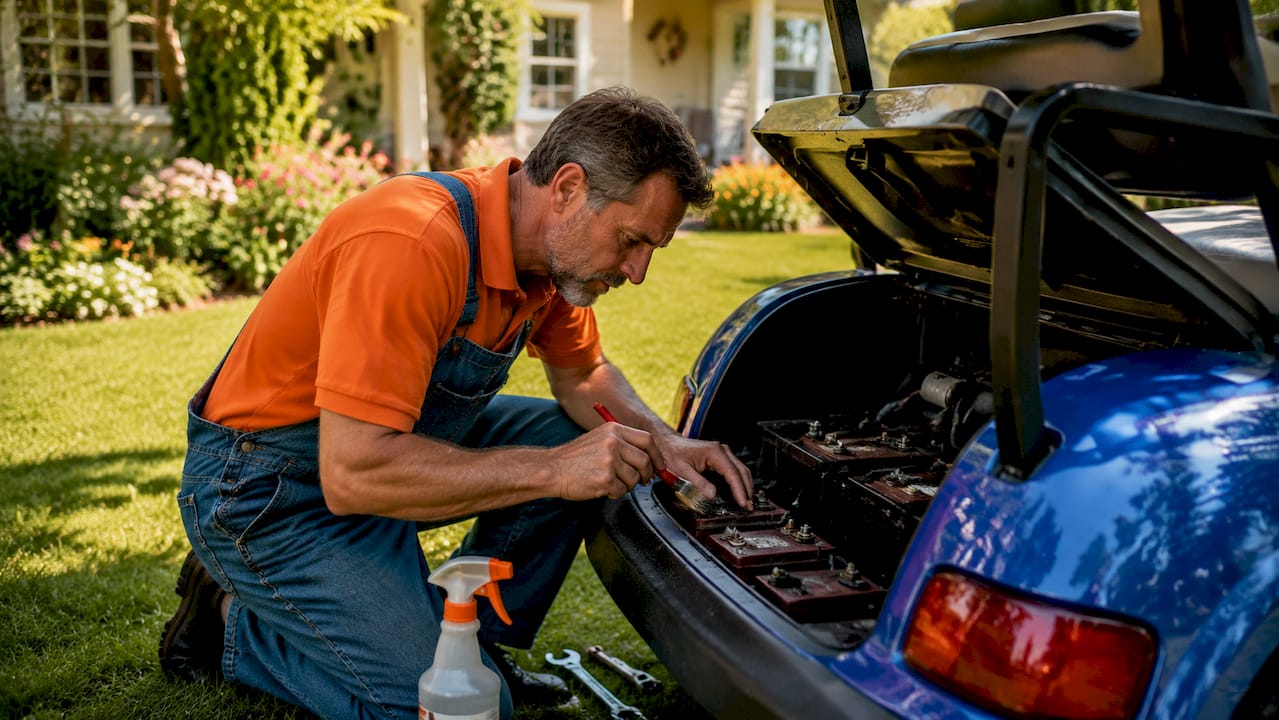 Man cleaning golf cart battery outdoors