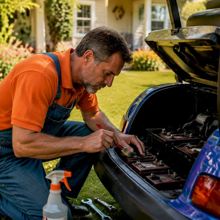 Man cleaning golf cart battery outdoors