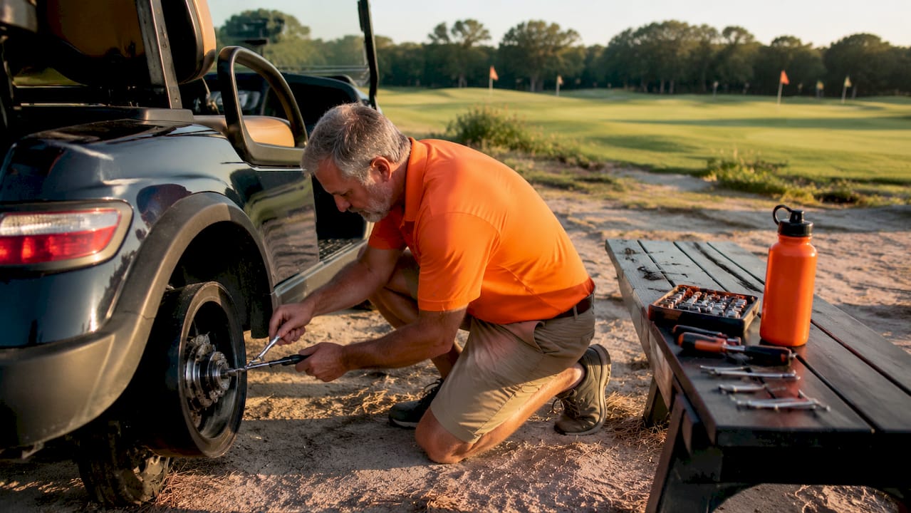 Man inspecting golf cart regenerative braking system