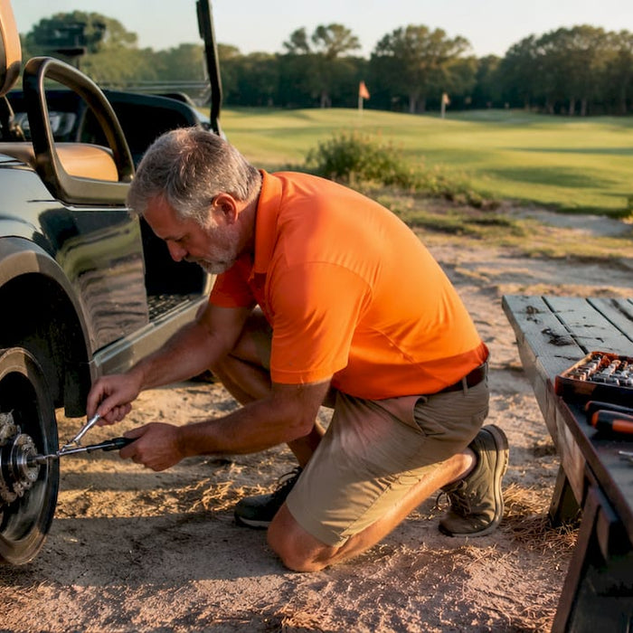 Man inspecting golf cart regenerative braking system
