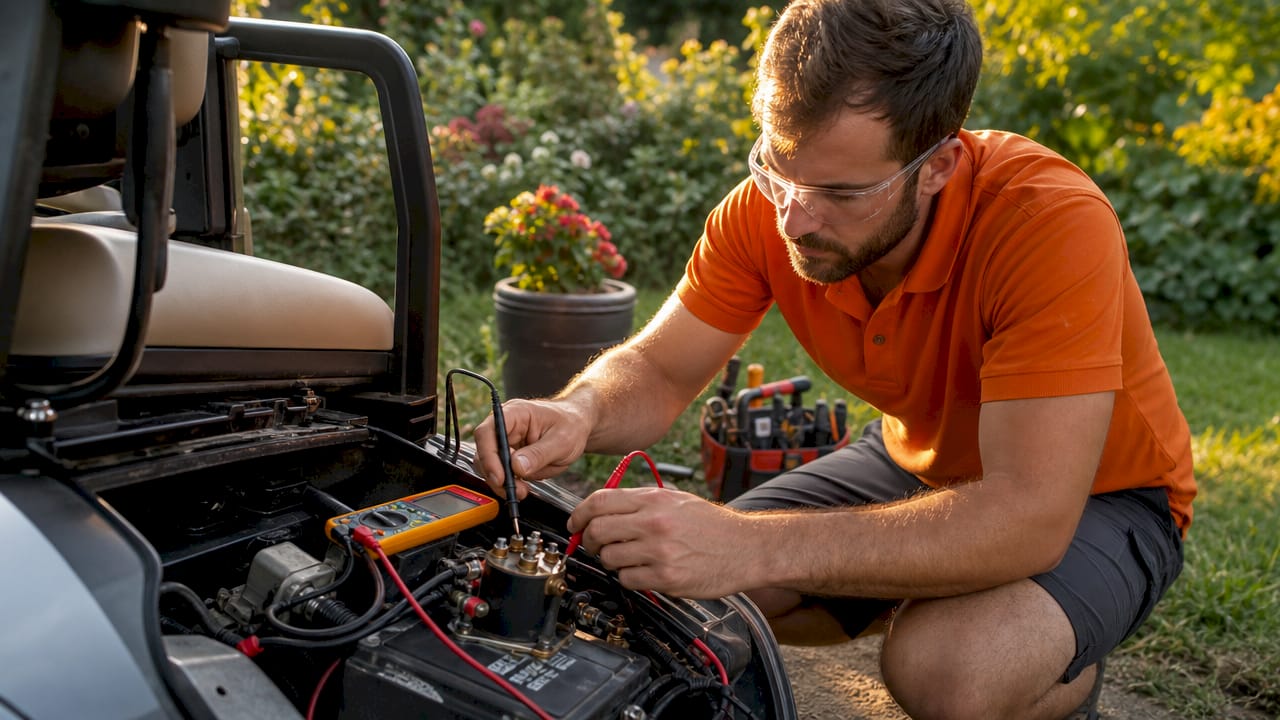 Technician testing golf cart solenoid terminals