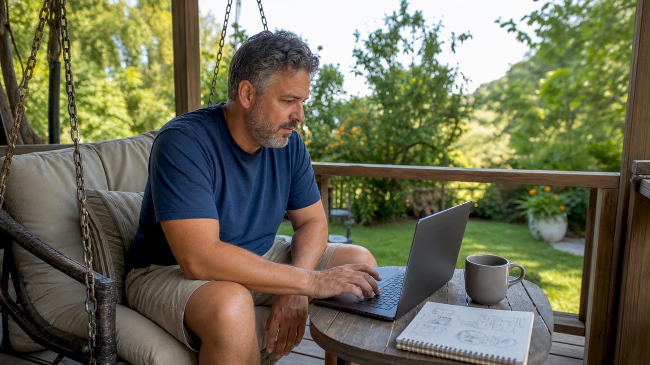 Man browsing golf cart parts online at porch table