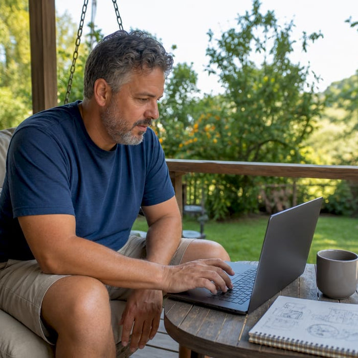 Man browsing golf cart parts online at porch table