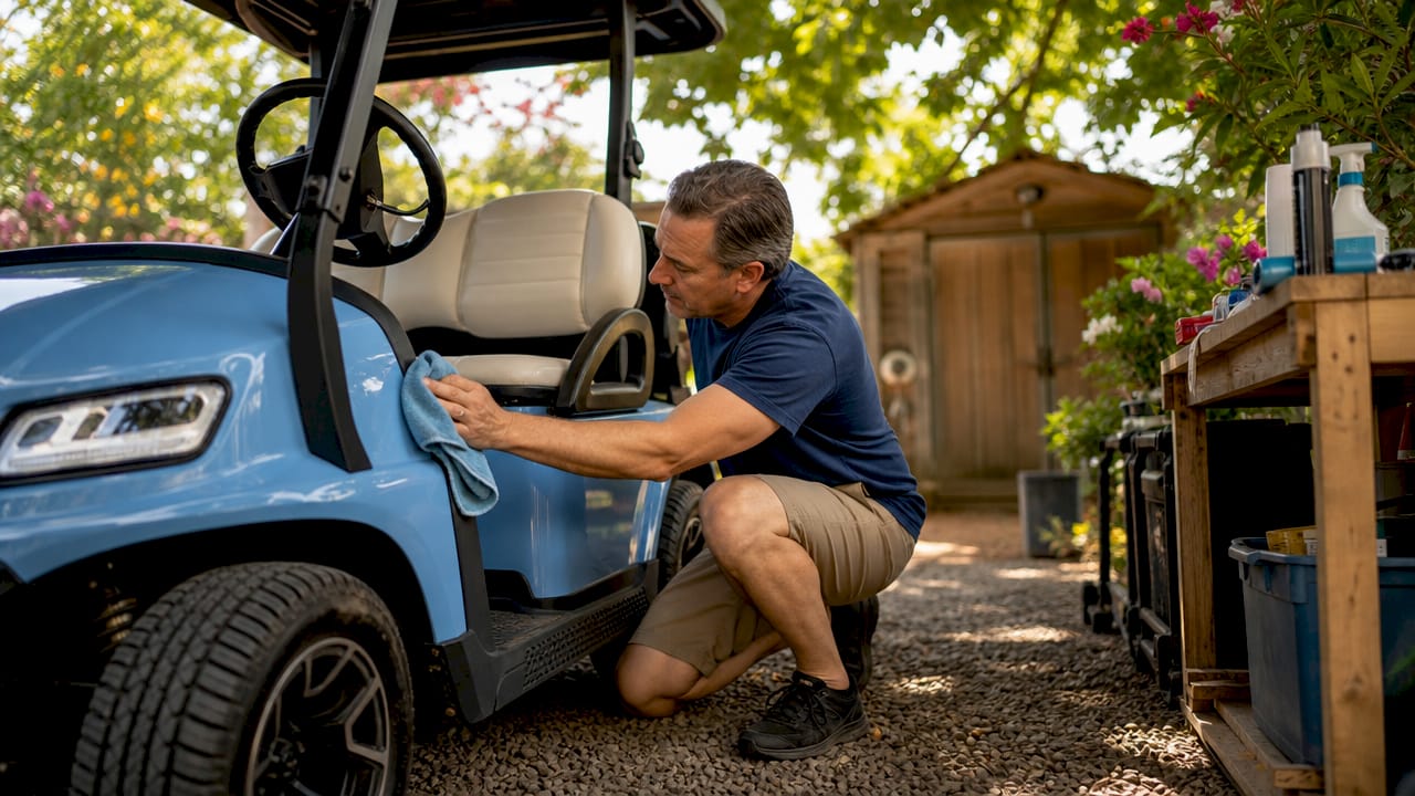 Man cleaning golf cart before storage