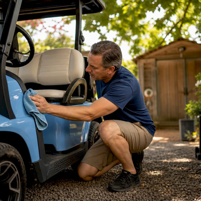 Man cleaning golf cart before storage