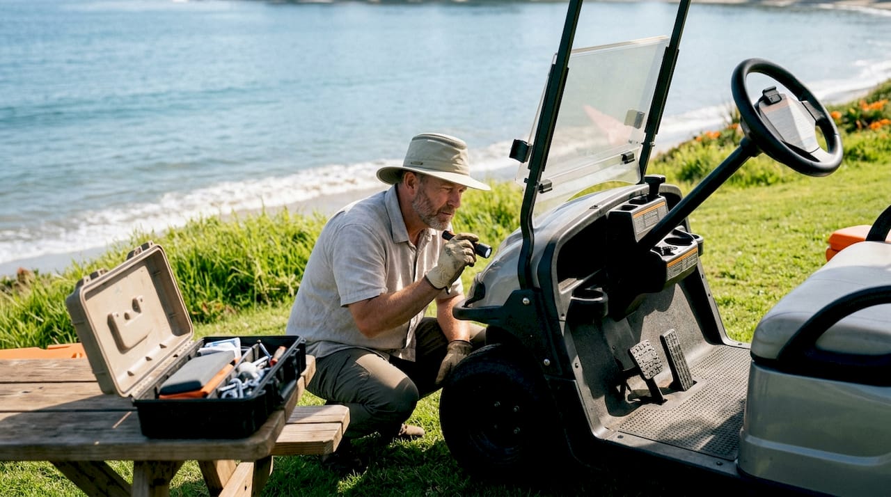 Manager inspecting marine grade golf cart outdoors