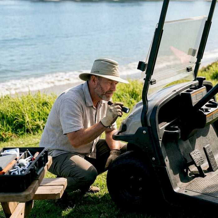 Manager inspecting marine grade golf cart outdoors