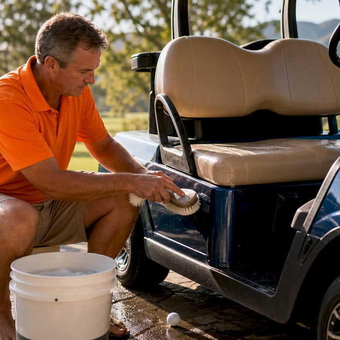 Man cleaning golf cart vinyl upholstery outdoors