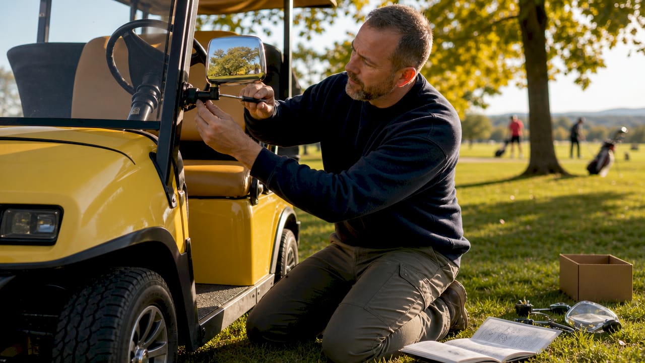 Man installing accessory on golf cart outdoors