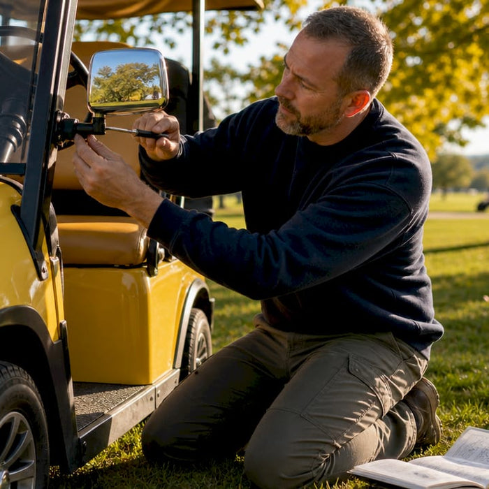 Man installing accessory on golf cart outdoors