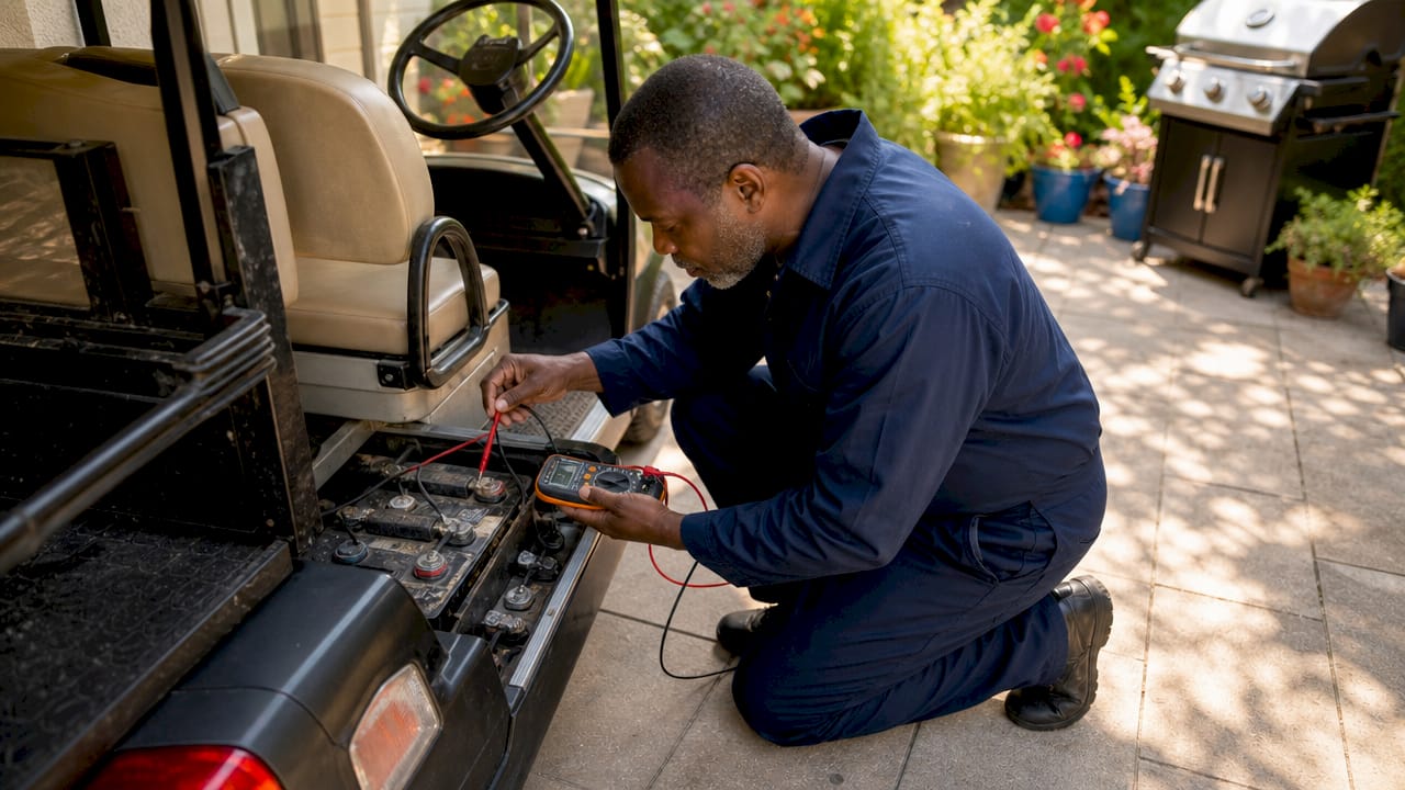 Man testing electric golf cart battery