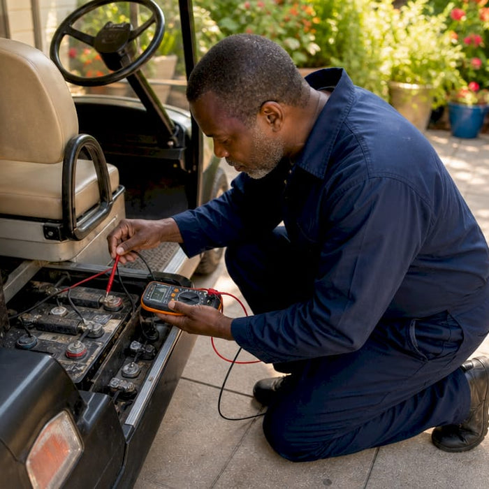 Man testing electric golf cart battery