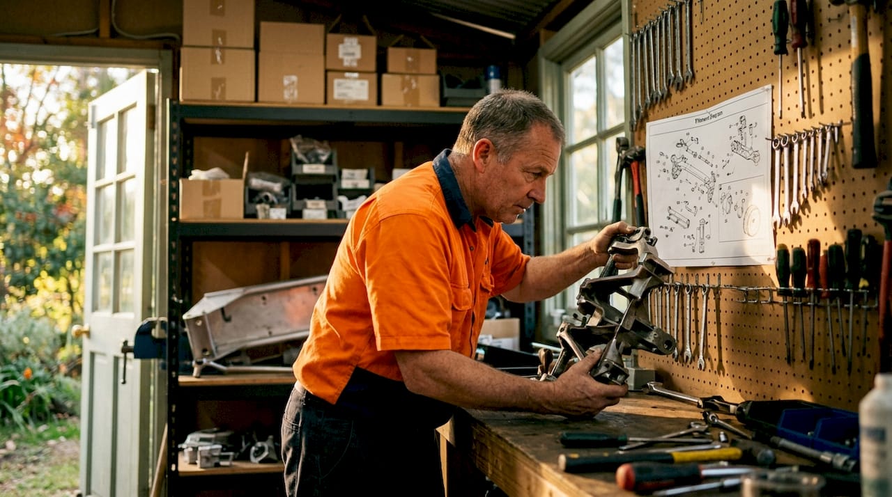 Man checking golf cart part fitment in garage