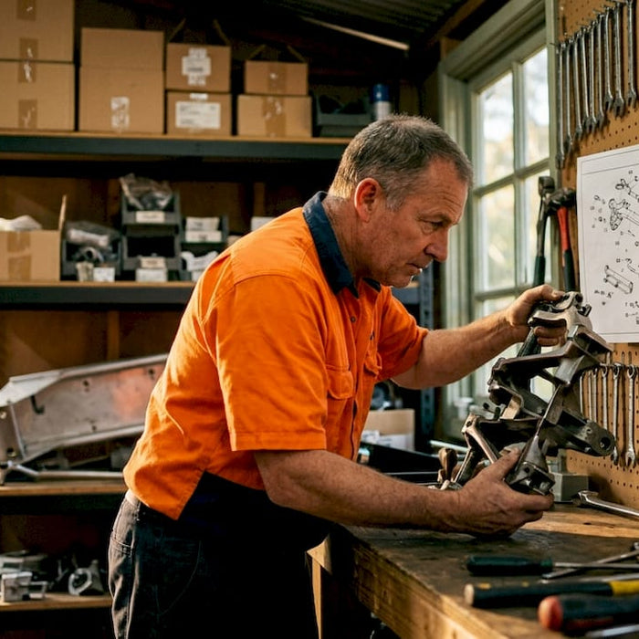 Man checking golf cart part fitment in garage