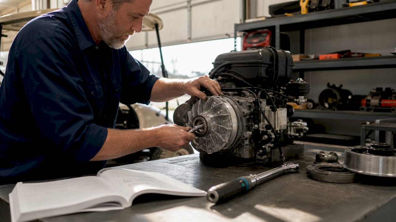 Mechanic adjusting golf cart drive clutch