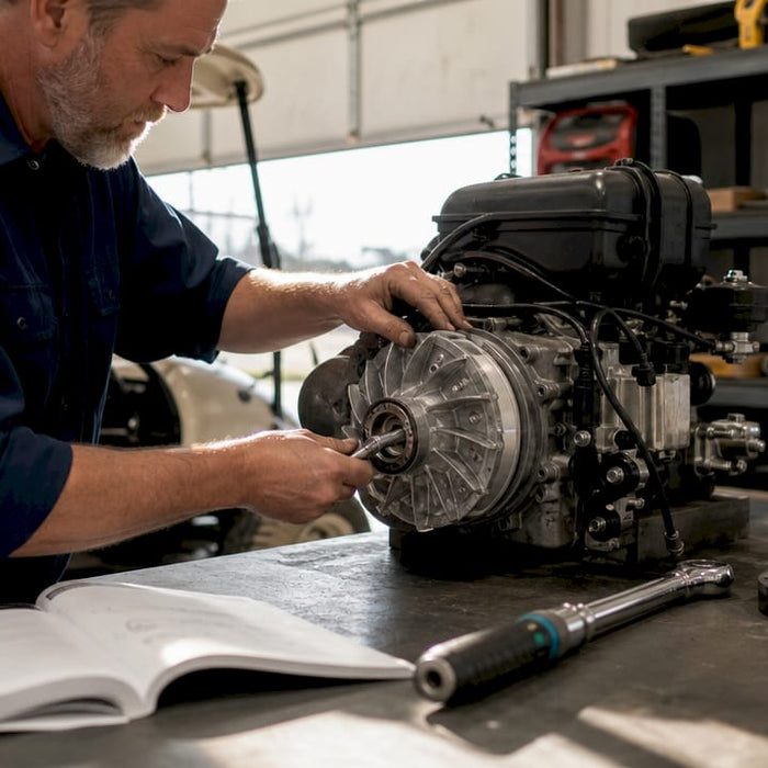 Mechanic adjusting golf cart drive clutch