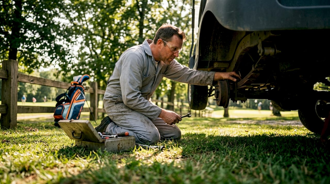 Mechanic inspecting golf cart leaf springs outdoors