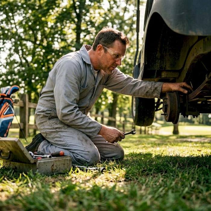 Mechanic inspecting golf cart leaf springs outdoors