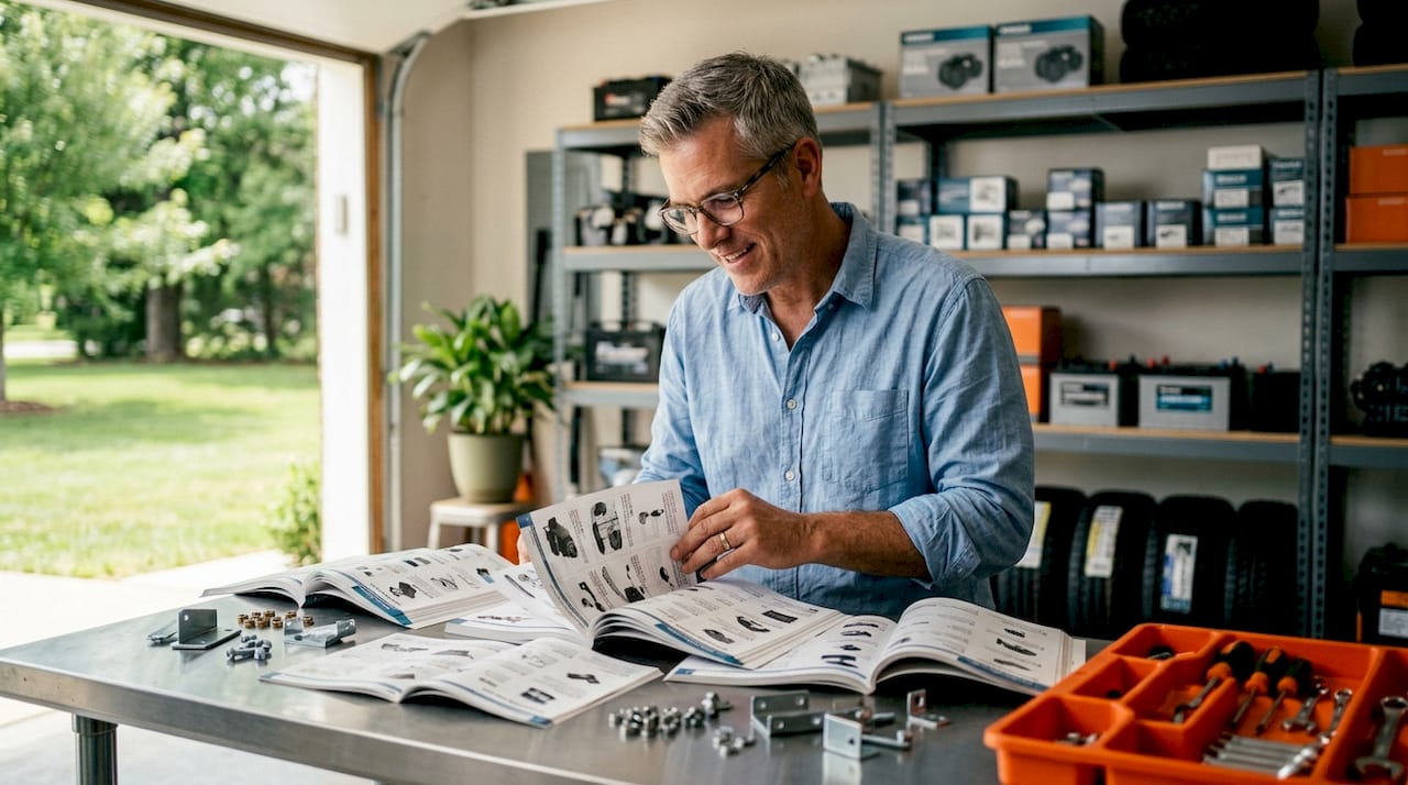 Man organizing golf cart parts catalog in office
