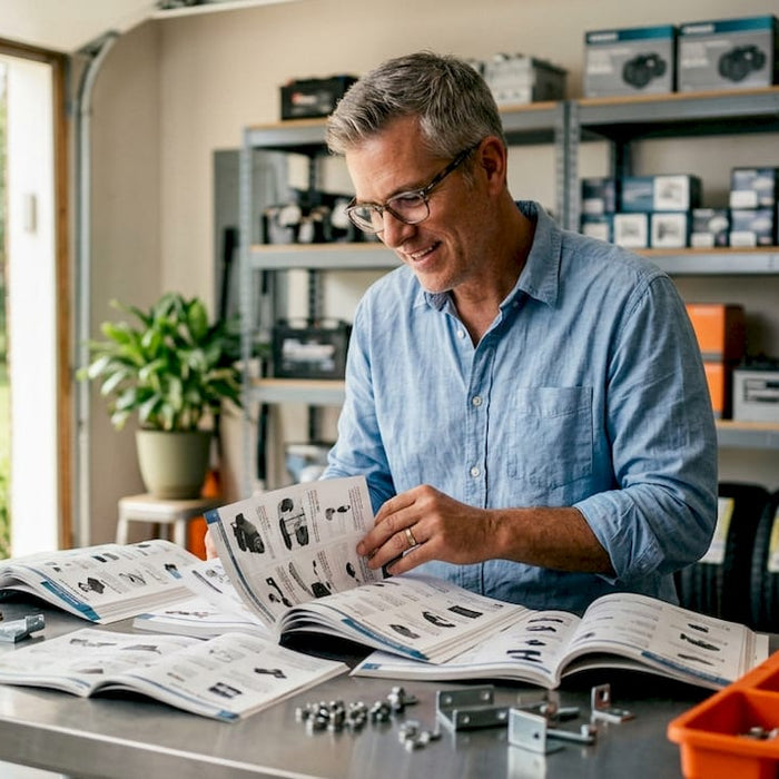 Man organizing golf cart parts catalog in office