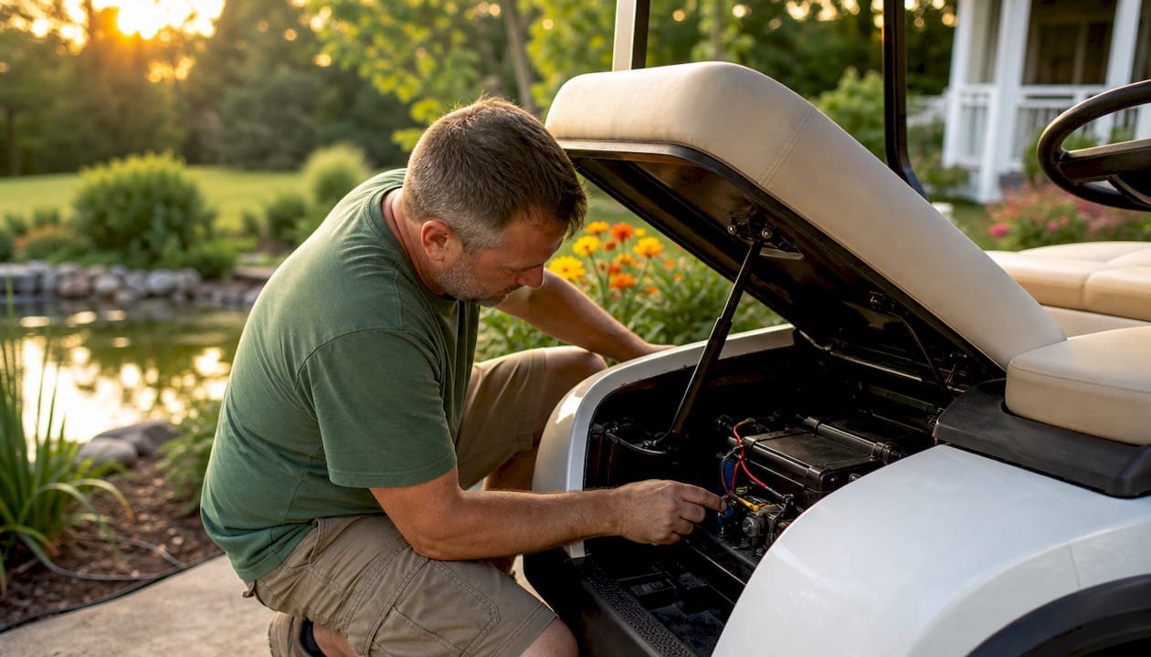 Person toggling golf cart tow run switch