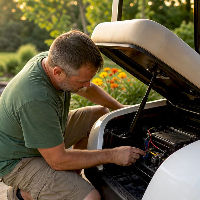 Person toggling golf cart tow run switch