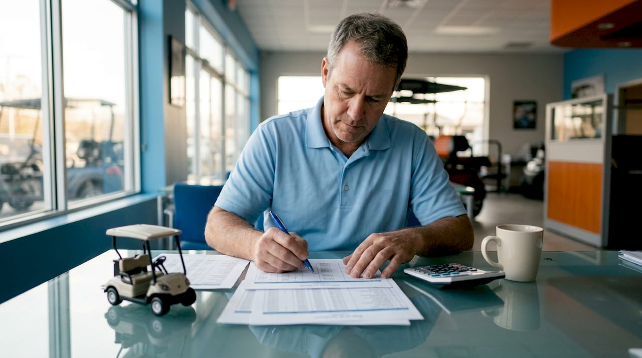 Golf cart dealer reviewing pricing sheets at desk
