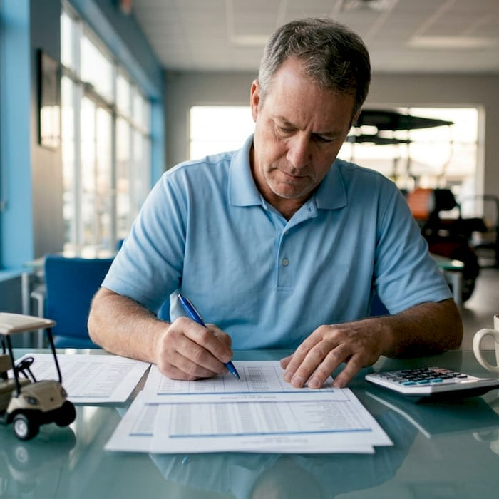 Golf cart dealer reviewing pricing sheets at desk