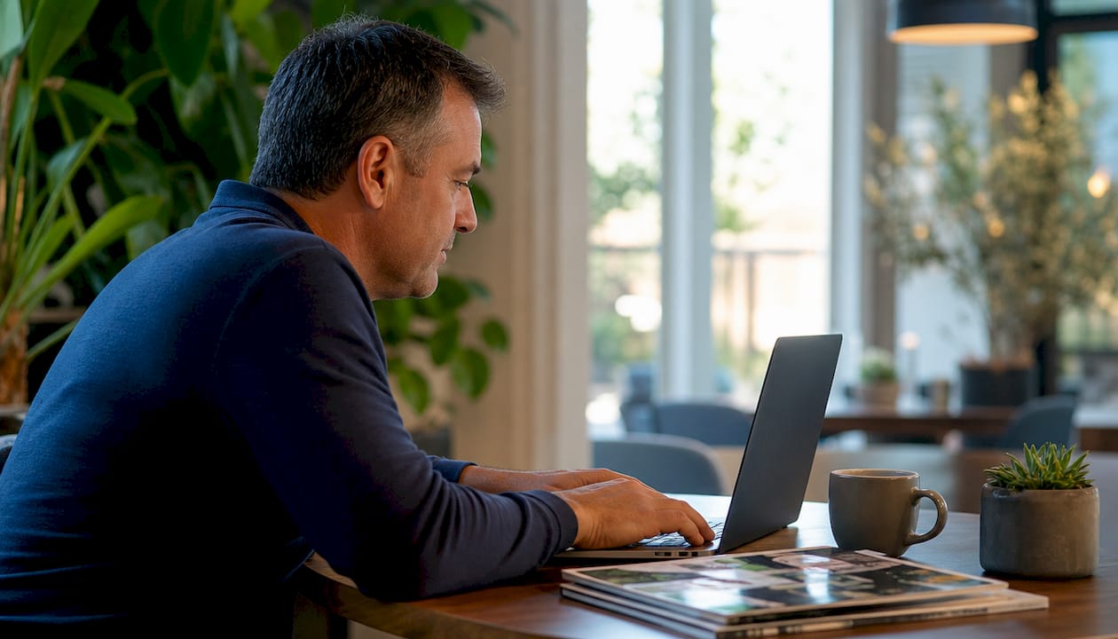 Man browsing golf cart parts websites at home desk