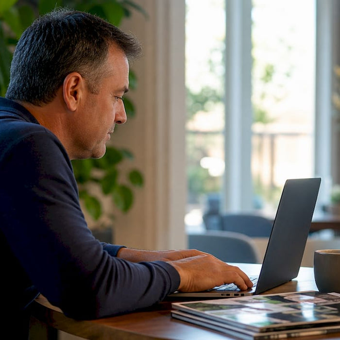 Man browsing golf cart parts websites at home desk