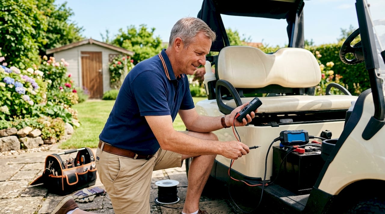 Man testing golf cart charger with multimeter outdoors