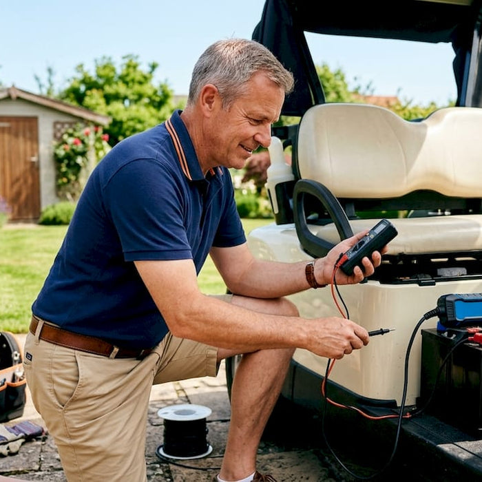 Man testing golf cart charger with multimeter outdoors