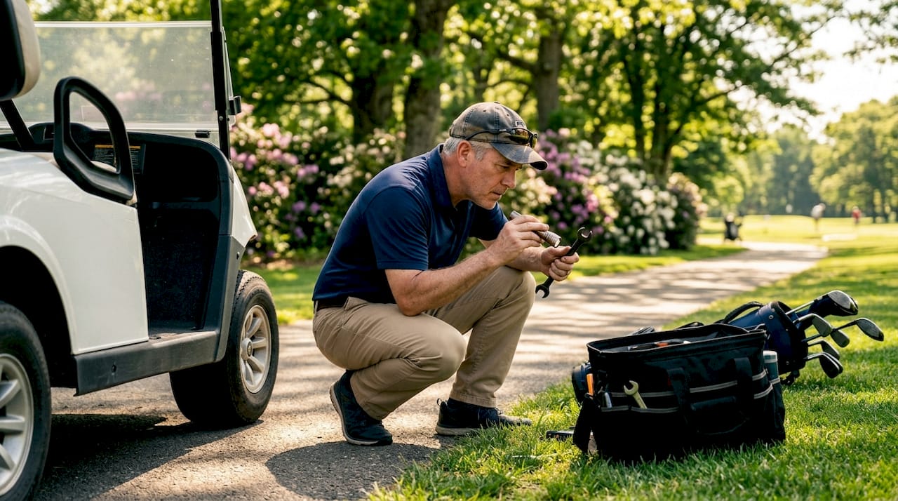Man inspecting golf cart brakes outdoors