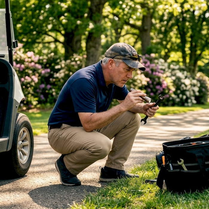 Man inspecting golf cart brakes outdoors