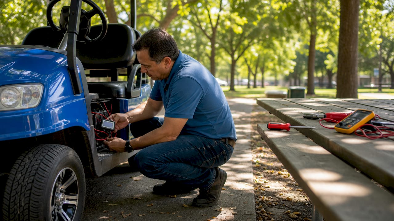 Man installing digital meter in golf cart dashboard
