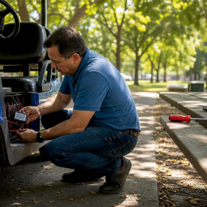 Man installing digital meter in golf cart dashboard