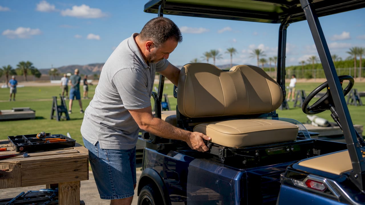 Craftsman fitting custom golf cart seat outdoors
