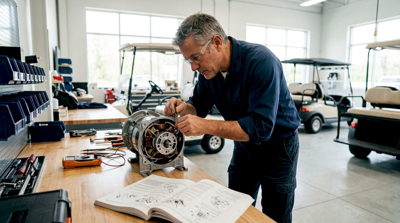 Technician inspecting AC golf cart motor internals