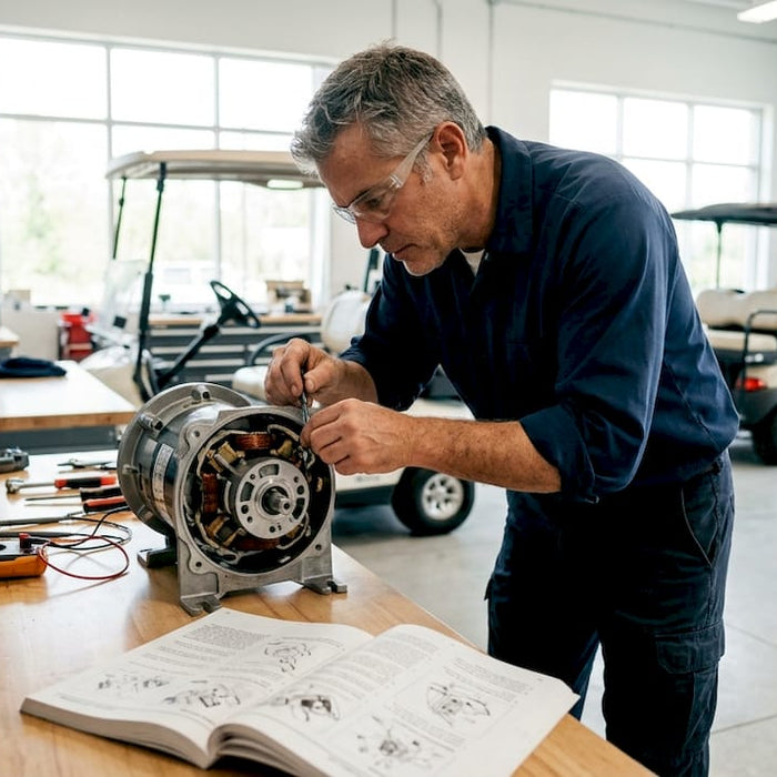Technician inspecting AC golf cart motor internals