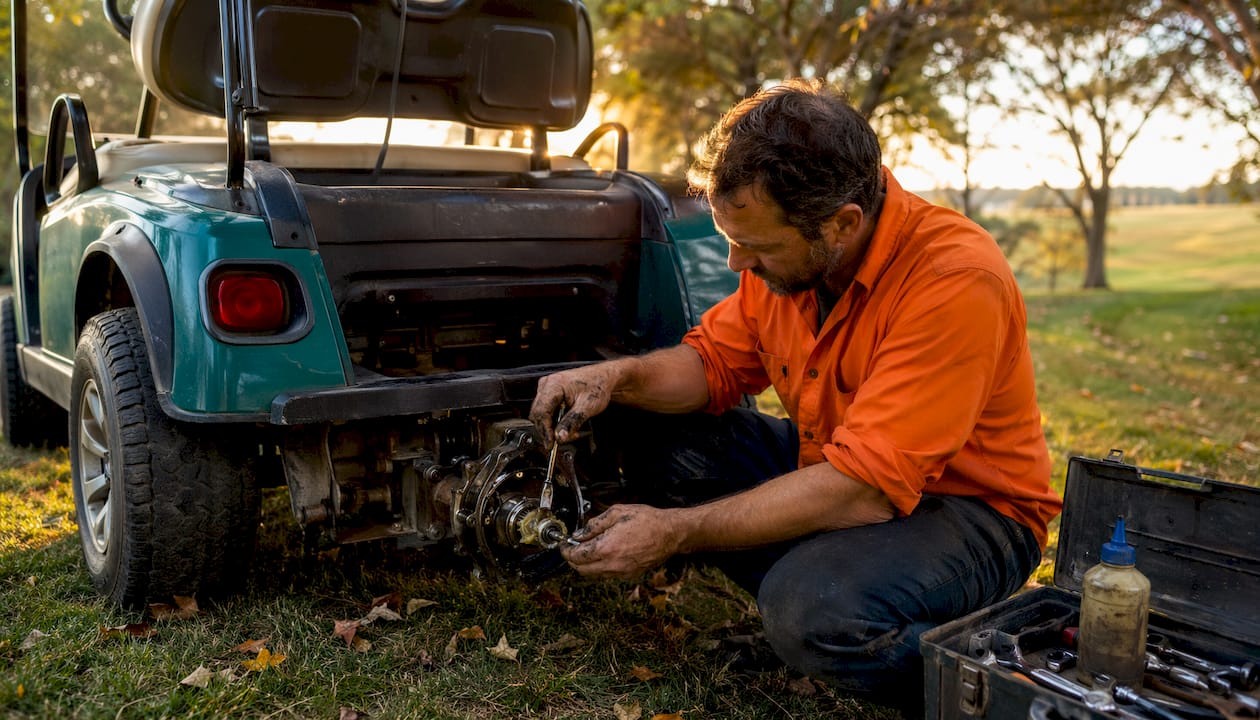 Man servicing golf cart rear differential outdoors