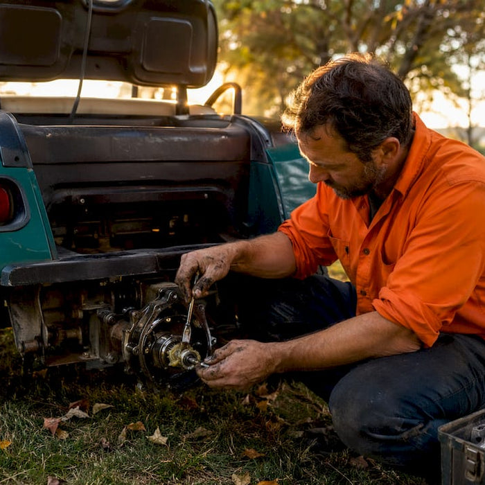 Man servicing golf cart rear differential outdoors