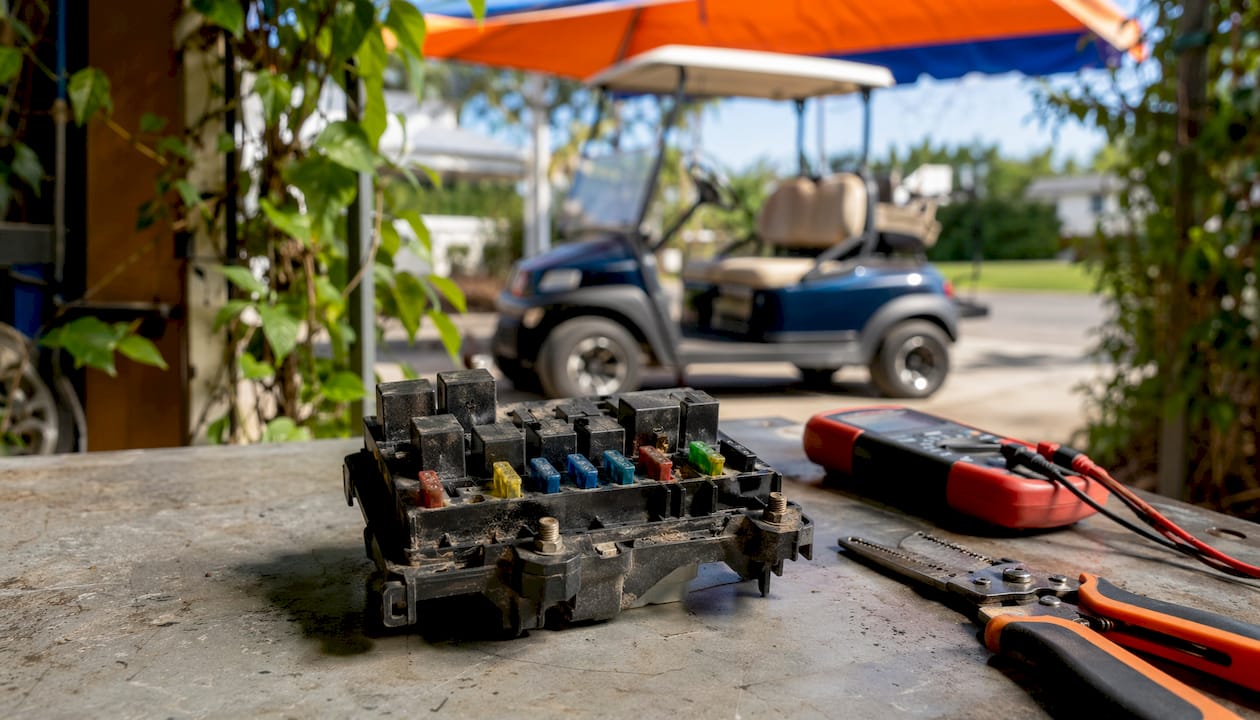 Close-up of golf cart fuse block on workbench