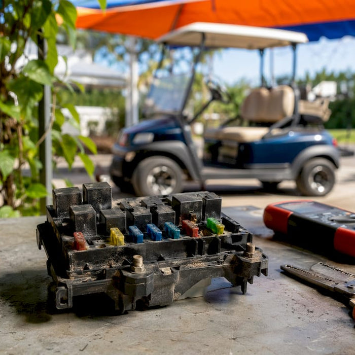 Close-up of golf cart fuse block on workbench