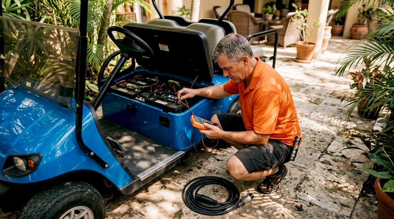 Man inspecting golf cart battery voltage