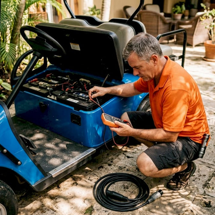 Man inspecting golf cart battery voltage