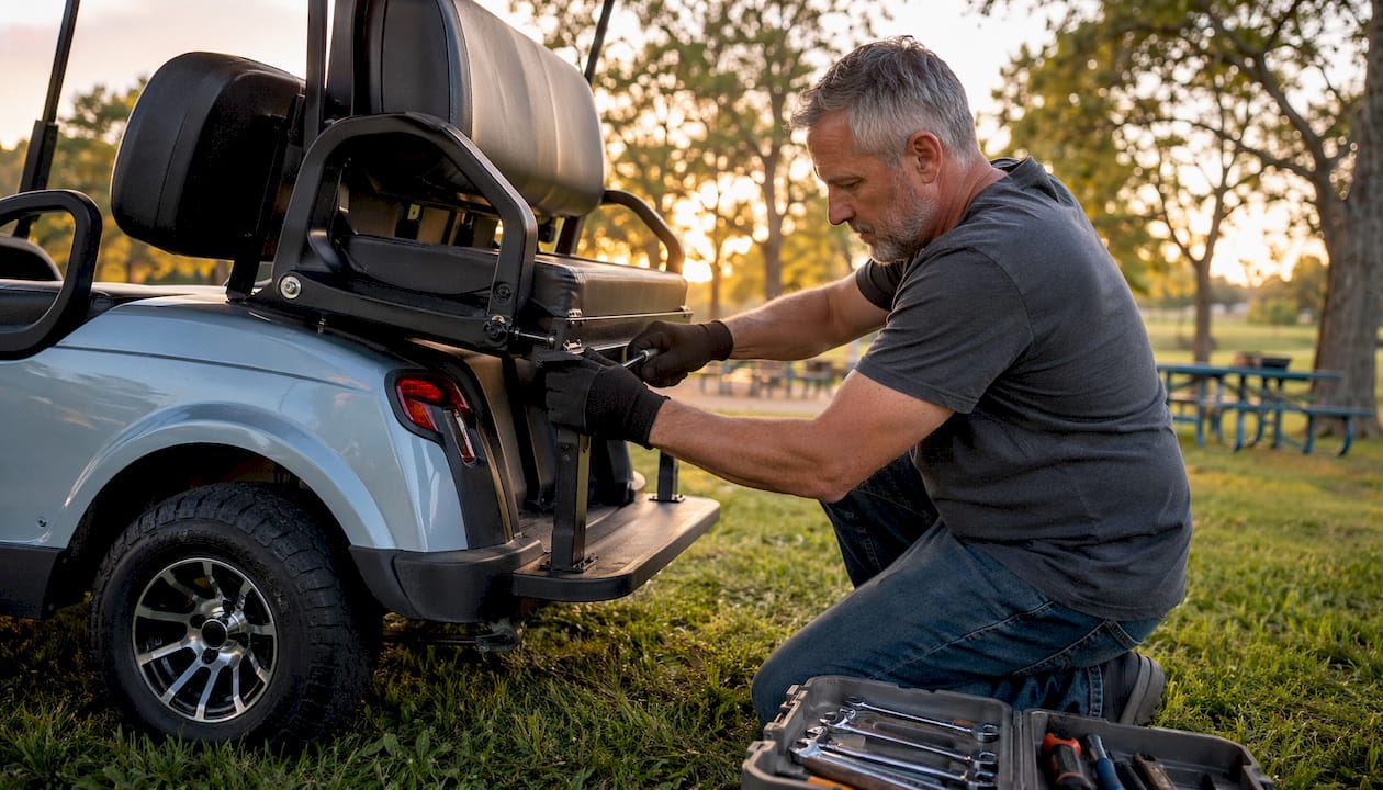 Man installing rear flip seat in golf cart