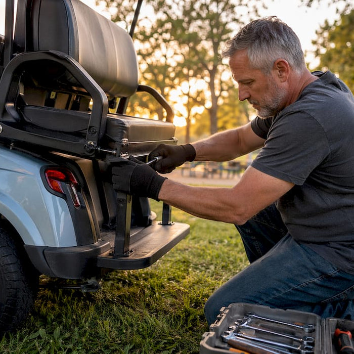 Man installing rear flip seat in golf cart